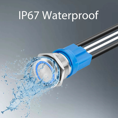 LED Latching Push Button Switch 16mm Stainless Steel IP67 Waterproof 5-24V 20A 1NO With Wire Socket Plug Blue with water splash