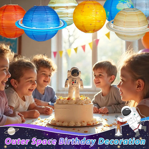 Kids enjoying a party with 8 Piece Planet Paper Lanterns Set For Kids Space Theme Party 12 Inch Solar System Hanging Planets Lanterns.
