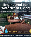 Top Shelf Heavy Duty Waterproof Wood Stain And Sealer For Marine Docks Boat Piers Marinas And Boardwalks Light Walnut Water Based Exterior Finish 2.5 Gallon applied on wooden deck with seating area by water.