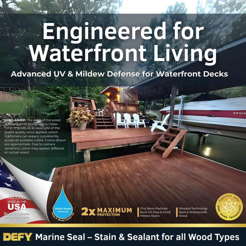 Rock Solid Marine Grade Wood Sealant And Stain For Docks And Piers With Zero Mess Clear Formula on a waterfront deck.