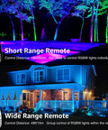 12 Pack RGBW Color Changing Outdoor Landscape Lights Kit With 300W Low Voltage Transformer illuminating trees and house with multicolor LEDs