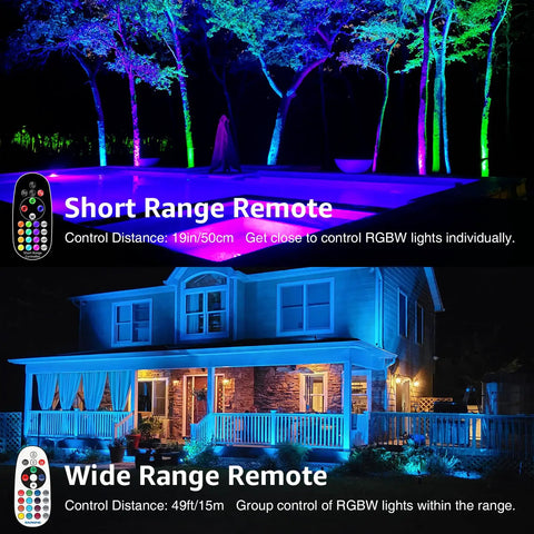12 Pack RGBW Color Changing Outdoor Landscape Lights Kit With 300W Low Voltage Transformer illuminating trees and house with multicolor LEDs