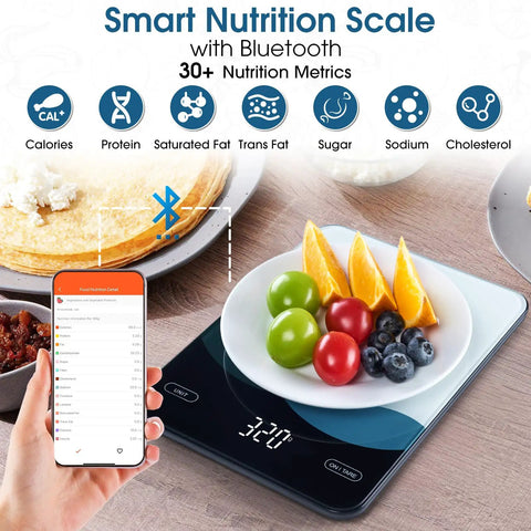 Bluetooth Kitchen Scale 10kg And 22lb Capacity With Smart Nutrition App Calorie And Macro Tracker, fruit on tempered glass surface