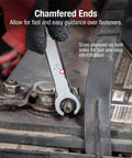Flare Nut Wrench Set, 9-Piece, SAE And Metric, demonstrates chamfered ends in automotive use, fully polished chrome.