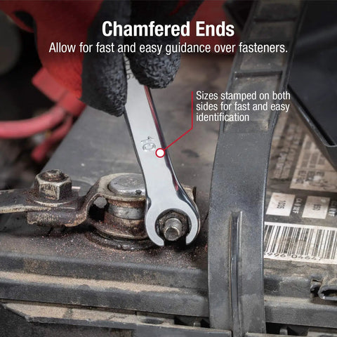 Flare Nut Wrench Set, 9-Piece, SAE And Metric, demonstrates chamfered ends in automotive use, fully polished chrome.