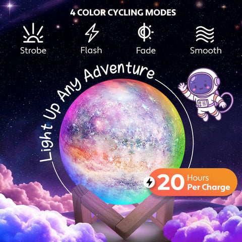 Galaxy Moon Lamp With Multi Colors And Touch Or Remote Control on wood stand, glowing in starry backdrop with cycling modes.
