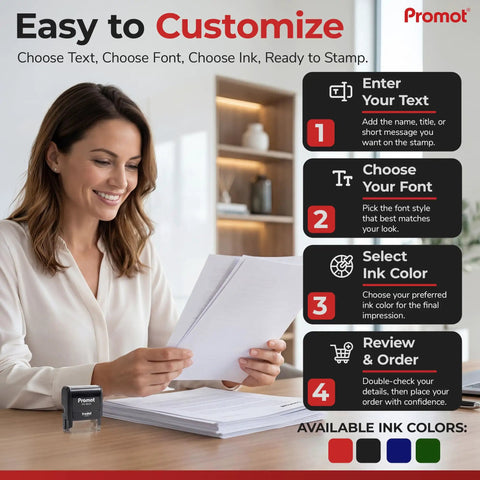 Go To 4 Line Self Inking Stamp For Names And Addresses, Personalize Font And Ink Color, woman customizing stamp in office