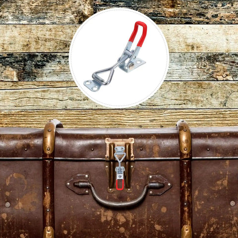 8 Piece Adjustable Draw Latch Clamp Set With Quick Release, zinc-plated iron toggle latch on a wooden chest.