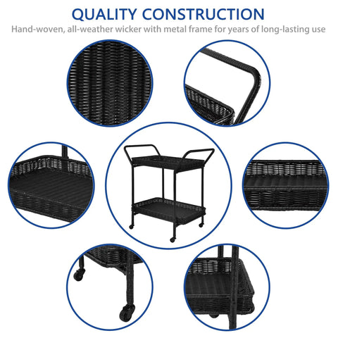 All Weather Wicker Patio Serving Cart For Outdoor Entertaining Black Steel Frame With Easy Assembly And Wipe Clean Resin Wicker