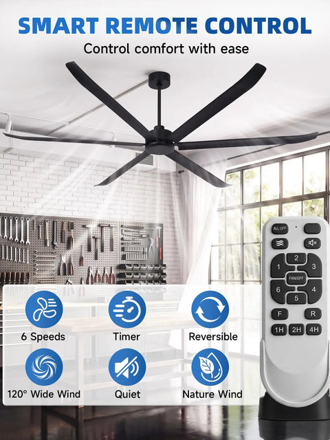 108 Inch Industrial Ceiling Fan No Light For Large Spaces Like Garages Gyms Barns And Restaurants Heavy Duty HVLS Powerhouse Delivers Serious Airflow And Cooling, black blades with remote