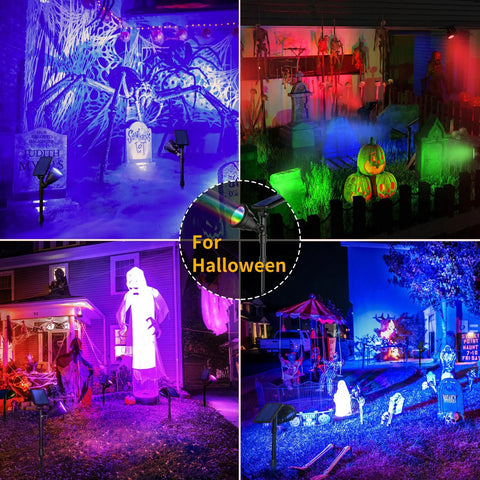 Solar Spot Lights Outdoor 2 Pack with 7 Color Modes illuminating Halloween decor in garden with ghosts and pumpkins.