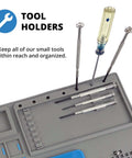 Top view of a Removable Heat Resistant Silicone Soldering Mat With Magnetic Parts Tray, Hardware Grid And Electronic Project Organizers, showcasing tool holders.