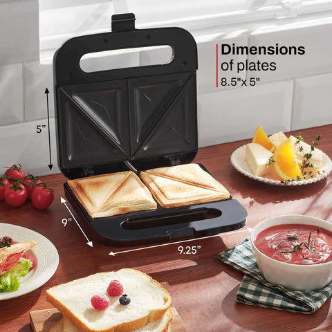 Go-To Panini Maker Grill Press For Quick Grilled Cheese And More 2 Slice, showing sandwiches and nonstick plates, stainless steel design