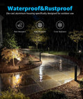 Low Voltage Landscape Lighting Kit With 8 Path Lights And 4 Spotlights 3000K illuminating wet pathway with rain