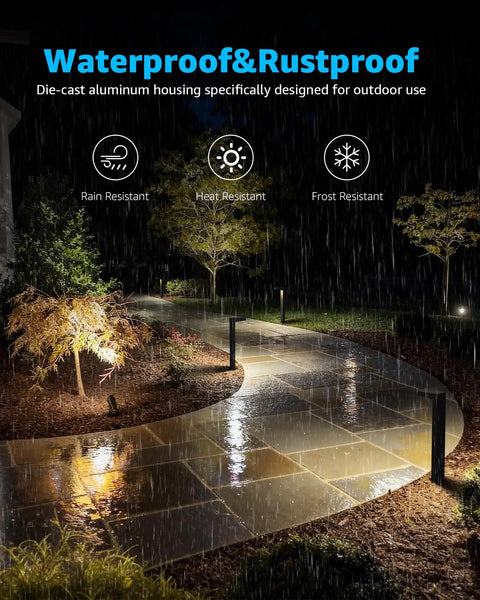 Low Voltage Landscape Lighting Kit With 8 Path Lights And 4 Spotlights 3000K illuminating wet pathway with rain