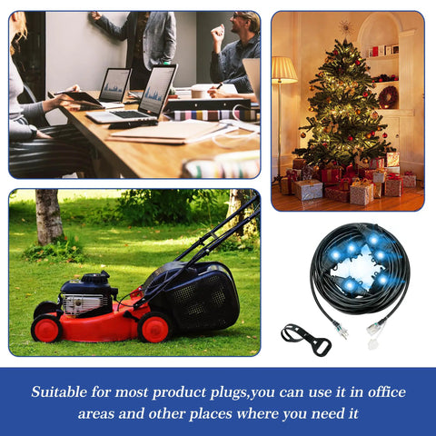 Heavy Duty 30 Foot Extension Cord With Six Weatherproof Sockets used between a lawnmower and a power outlet in a garden setting.