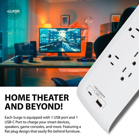 8-Outlet Surge Protector Power Strip With 4200 Joules, USB-C And USB-A Ports next to a home theater setup with gaming console.