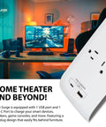 Flat Plug Eight Outlet Surge Protector Power Strip With USB C And USB A Ports, 4200 Joules, in home theater setup