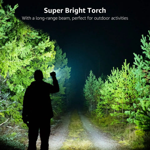 Man holding Ultra Bright LED Flashlight With Zoomable Lens 5 Modes High Lumens Waterproof, illuminating forest path at night.