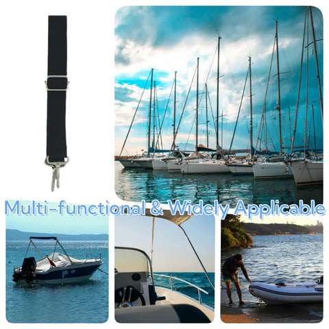 Collage of four pack bimini top straps for boats, adjustable marine straps 28 to 60 inches, heavy duty stainless in use on sailboats