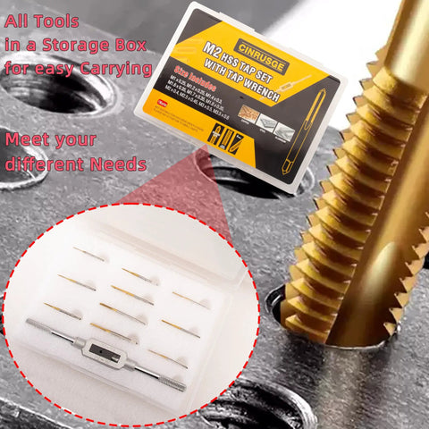 Micro Metric Tap Set With Tap Wrench, 10 Piece Ti Coated M2 HSS Thread Taps for small screws, shown in storage box.