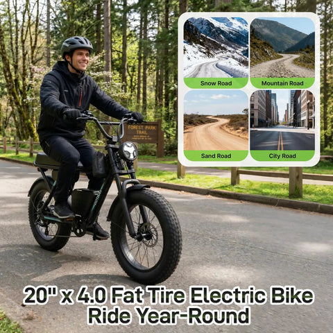 R7 Electric Bike For Adults With 750W Motor Top Speed 25 MPH Up To 50 Mile Range Per Charge 20 Inch Fat Tires UL Certified on forest path