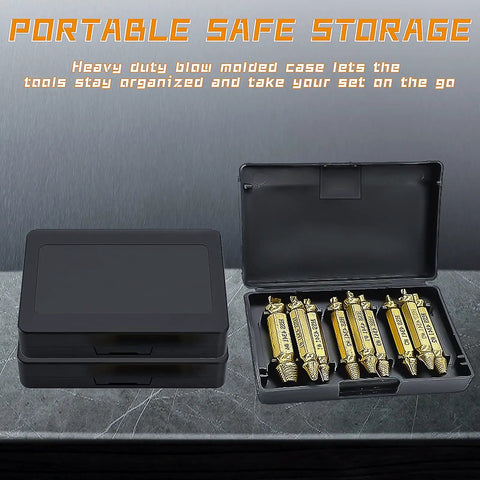 Nine Piece Damaged Screw Extractor Kit For Stripped And Broken Screws with HSS 4341 titanium coated bits in open black case
