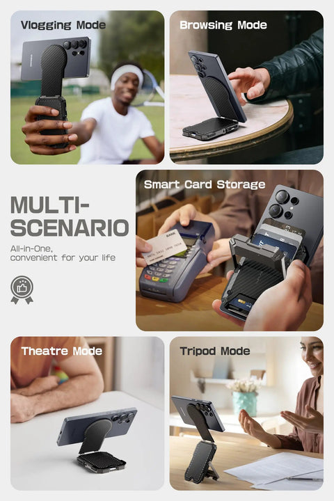 MagSafe Wallet With Five Card Slots, RFID Blocking, Adjustable Stand in use in vlogging, browsing, card storage, theatre, tripod modes.