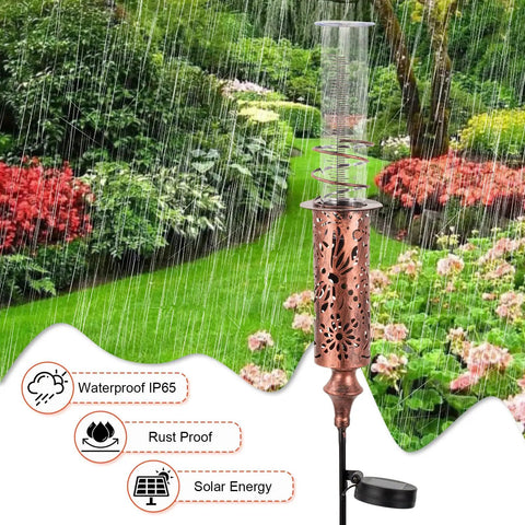 Solar Powered Rain Gauge With LED Night Light Outdoor Garden Stake Decoration 7 Inch Plastic Tube Freeze Proof Copper Metal Finish Brown Yard Gauge for Lawn and Weather Tracking in garden setting.