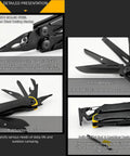 Detailed parts of Light Purple 17 In One Tactical Multitool Pliers with Flint Fire Starter and Carabiner Hammer, 5CR13 Steel.