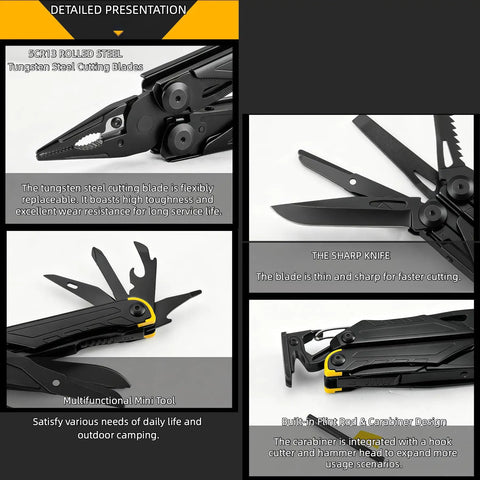Detailed parts of Light Purple 17 In One Tactical Multitool Pliers with Flint Fire Starter and Carabiner Hammer, 5CR13 Steel.