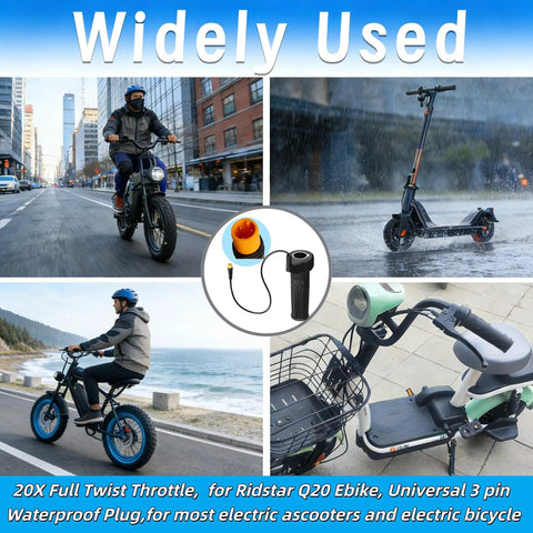Full Twist Throttle Grip For Ebikes And Scooters, 12V To 72V Universal Voltage displayed on various vehicles