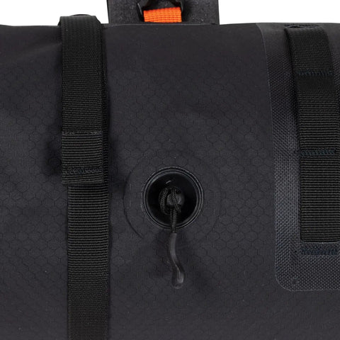 Close-up of Handlebar Pack For Bike With Dual Roll Closures, Camlock Strap Hook, Air Release Valve, 15 Liter Capacity, Compact