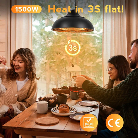 Ceiling Mounted 1500W Patio Heater For Outdoor Spaces, 3S Instant Heat, Three Power Modes 600W, 900W And 1500W, Quiet Operation, Overheat Protection, IP55 Waterproof, Hang From Patio Ceiling Or Balcony overhead while people enjoy indoor meal.