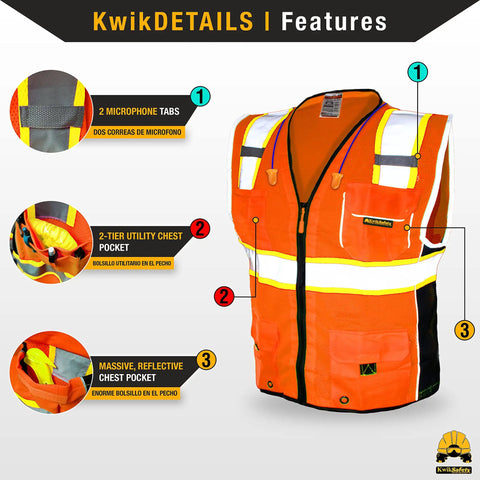 Classic Safety Vest 2 Pack Class 2 ANSI OSHA HiVis Reflective Mesh Breathable Rugged Heavy Duty With 10 Pockets Front Zipper Orange Small Work Gear On The Job Site features details.