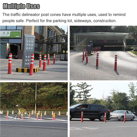 Top Shelf Traffic Delineator Posts With Hella Bright Reflective Strips, Heavy Duty PU Plastic Road Guide Markers For Construction Zones And Parking Facilities, Zero Hassle Six Pack Set