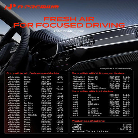 Dashboard view listing compatible models for Premium Activated Carbon Cabin Air Filter For Volkswagen And Audi Keeps Your Ride Fresh