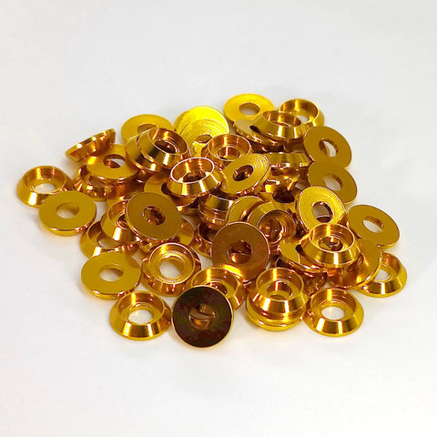 Top Shelf 60 Pack M3 Counterbore Washers In Sweet Golden Anodized Aluminum Alloy Finish and Rock Solid Grip for RC toys.
