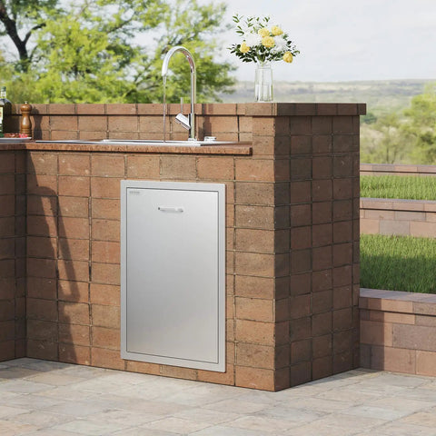 Outdoor Kitchen Trash Drawer System With Heavy Duty Stainless Steel Storage For BBQ Islands And Grills Pull Out Trash Bin Cabinet in brick setting