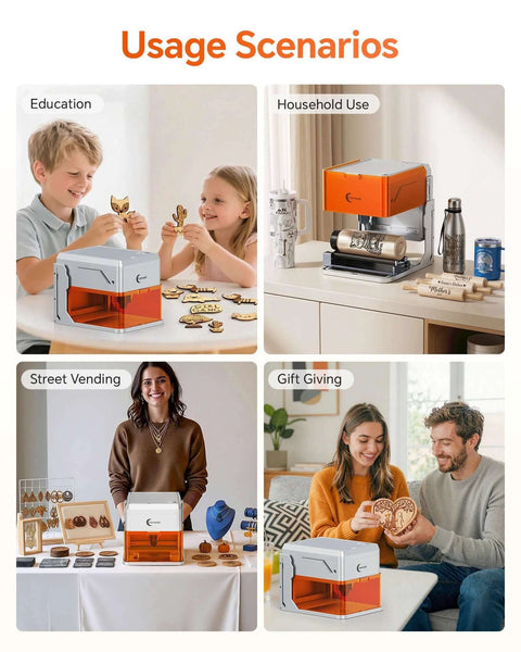 Front view collage of Carverall A1 Pro 10W laser engraver with camera; orange/white desktop unit shown in four home-use scenes.