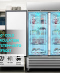 54 Inch Heavy Duty Commercial Upright Freezer With Double Door showcasing 360° cold circulation system and auto defrost features.