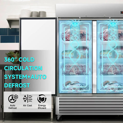 54 Inch Heavy Duty Commercial Upright Freezer With Double Door showcasing 360° cold circulation system and auto defrost features.
