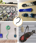 Road Bike Hooks For Garage Walls And Ceilings Heavy Duty Bicycle Hangers For Safe Space Saving Bike Storage No Drill Large Ceiling Hooks in use for bikes and tools.