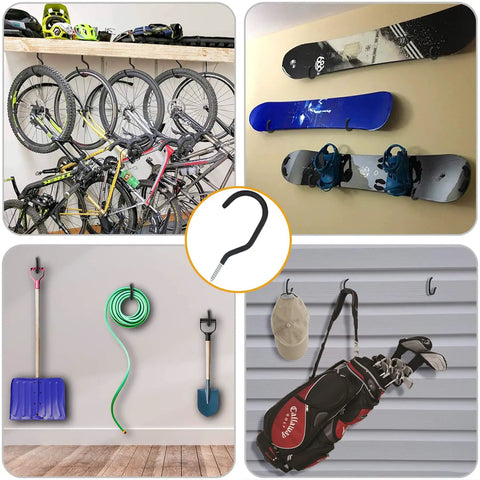 Road Bike Hooks For Garage Walls And Ceilings Heavy Duty Bicycle Hangers For Safe Space Saving Bike Storage No Drill Large Ceiling Hooks in use for bikes and tools.