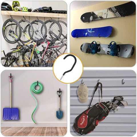 Premium Heavy Gauge Steel Screw In Hooks 12 Pack hold bikes, snowboards, and tools on walls and ceilings.