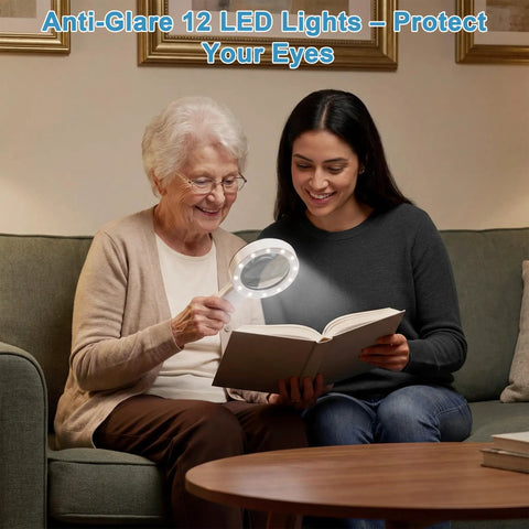 Crystal Clear Lighted Handheld Magnifier With 12 LEDs For Seniors used by elderly woman reading book on sofa