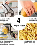 Professional Electric Potato Chip Cutter And Commercial French Fry Slicer Machine Made With Durable Stainless Steel Blade For Home Kitchen Business Use 10mm Cut Size Easy To Clean Automatic Vegetable Chopper Device steps for use with potatoes.