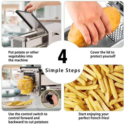 Professional Electric Potato Chip Cutter And Commercial French Fry Slicer Machine Made With Durable Stainless Steel Blade For Home Kitchen Business Use 10mm Cut Size Easy To Clean Automatic Vegetable Chopper Device steps for use with potatoes.