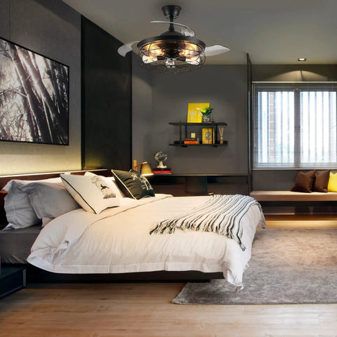 Dope 42 Inch Retractable Ceiling Fan With Lights In Farmhouse Industrial Style in modern bedroom setting