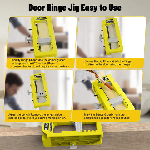 All In One Door Hinge Jig For 3 To 5 Inch Hinges With Square And Radius Corners Pro Grade Door Mortise Template For One Quarter And Five Eighths Inch Hinges Hinges No Fuss Install Yellow, shown in use with features highlighted.